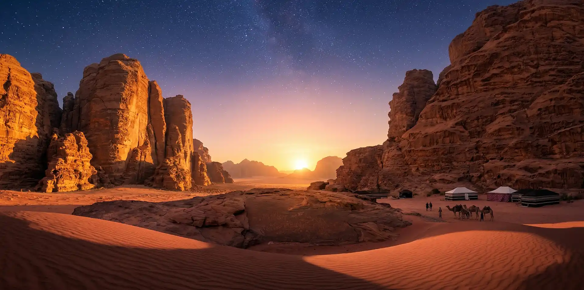Expansive view of Wadi Rum's majestic red mountains and tranquil desert landscape