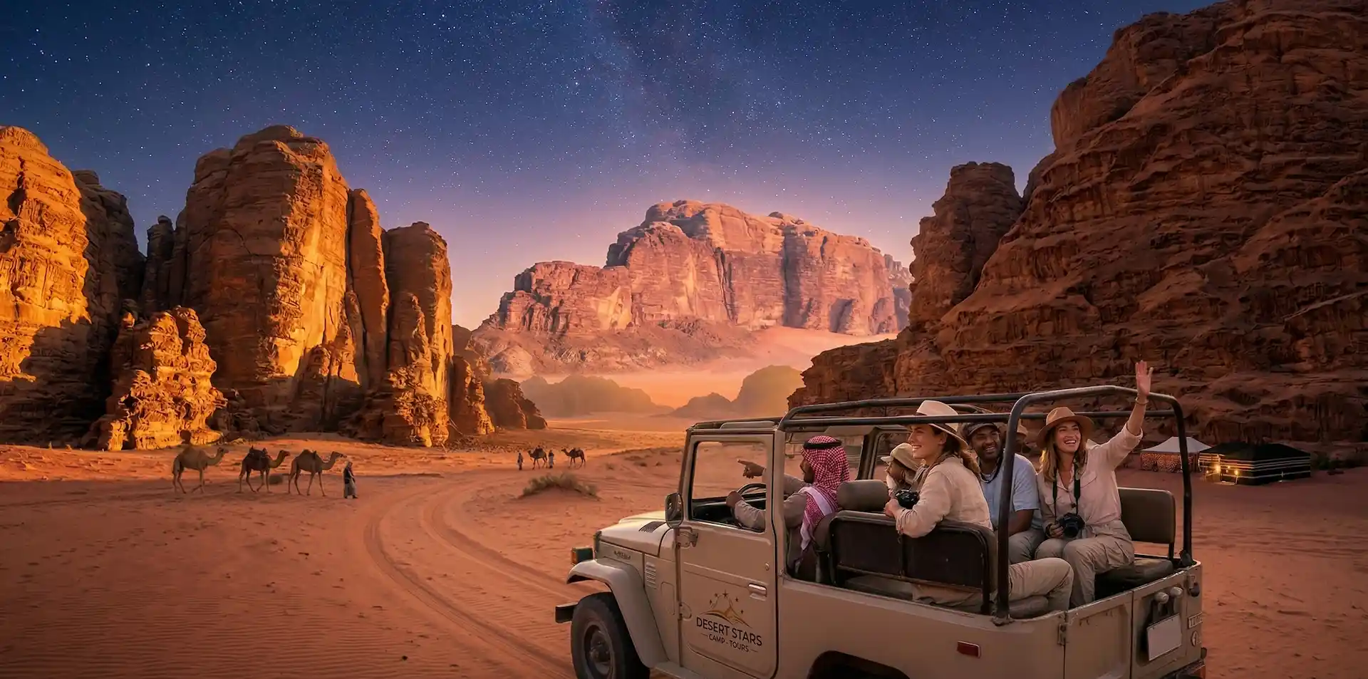 Expansive view of Wadi Rum's majestic red mountains